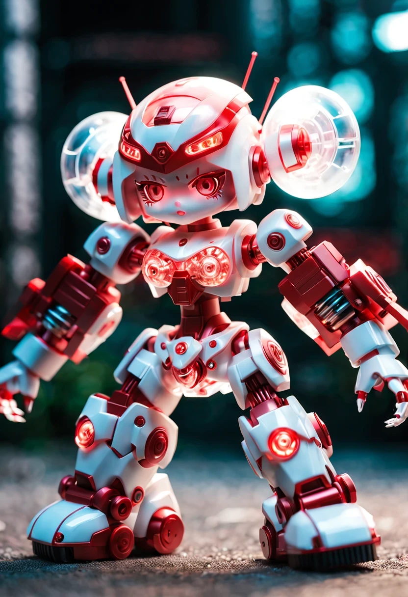 (Blind box toy style:1.2),kawaii doll, huge (translucent mechanical girl:1.2) Mechanical warriors contain a large number of electronic components, Luminous electronic eye. The mecha stands on the ground in a combat posture. white and red color scheme.(Ray tracing, Well-designed, high detail, masterpiece, best quality, ultra high definition)