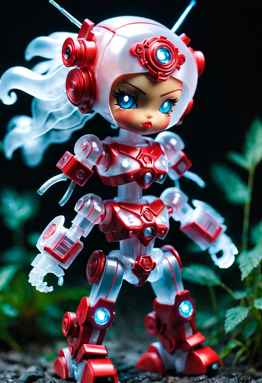 (Blind box toy style:1.2),kawaii doll, huge (translucent mechanical girl:1.2) Mechanical warriors contain a large number of electronic components, Luminous electronic eye. The mecha stands on the ground in a combat posture. white and red color scheme.(Ray tracing, Well-designed, high detail, masterpiece, best quality, ultra high definition)
