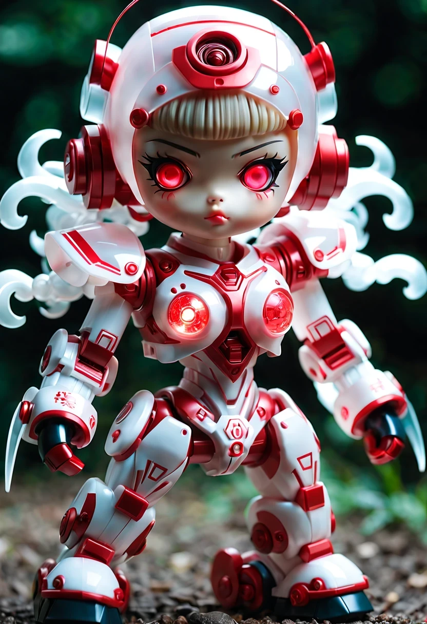 (Blind box toy style:1.2),kawaii doll, huge (translucent mechanical girl:1.2) Mechanical warriors contain a large number of electronic components, Luminous electronic eye. The mecha stands on the ground in a combat posture. white and red color scheme.(Ray tracing, Well-designed, high detail, masterpiece, best quality, ultra high definition)