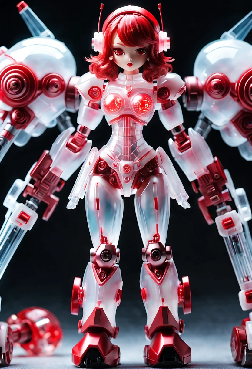 (Blind box toy style:1.2),kawaii doll, huge (translucent mechanical girl:1.2) Mechanical warriors contain a large number of electronic components, Luminous electronic eye. The mecha stands on the ground in a combat posture. white and red color scheme.(Ray tracing, Well-designed, high detail, masterpiece, best quality, ultra high definition)