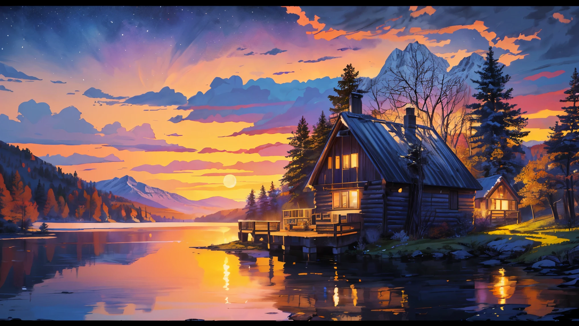 painting of a cabin by a lake with a full moon, detailed painting 4 k, beautiful art uhd 4 k, stunning art style, autumn sunset, scenery art detailed, scenery artwork, digital painting highly detailed, rich picturesque colors, in style of digital illustration, a beautiful artwork illustration, 4k highly detailed digital art, highly detailed digital painting, beautiful detailed scene