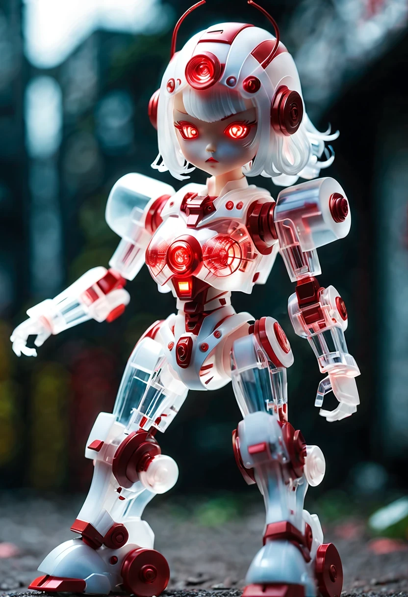 (Blind box toy style:1.2),kawaii doll, huge (translucent mechanical girl:1.2) Mechanical warriors contain a large number of electronic components, Luminous electronic eye. The mecha stands on the ground in a combat posture. white and red color scheme.(Ray tracing, Well-designed, high detail, masterpiece, best quality, ultra high definition)