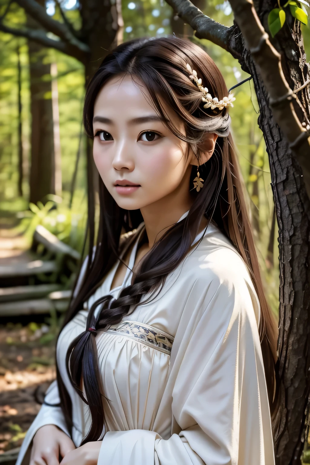 8k、High resolution、Beautiful women from primitive times、young、white skin,、narrow eyes,high nose,lighting that illuminates the face、clear image、intellectual beauty、skinny、no makeup、The expression you show to your lover,shining hair、single eyelid,、vivid pose、looking at camera、relax on vacation、first inhabited country、Primeval forest、Hunting life、National costume,