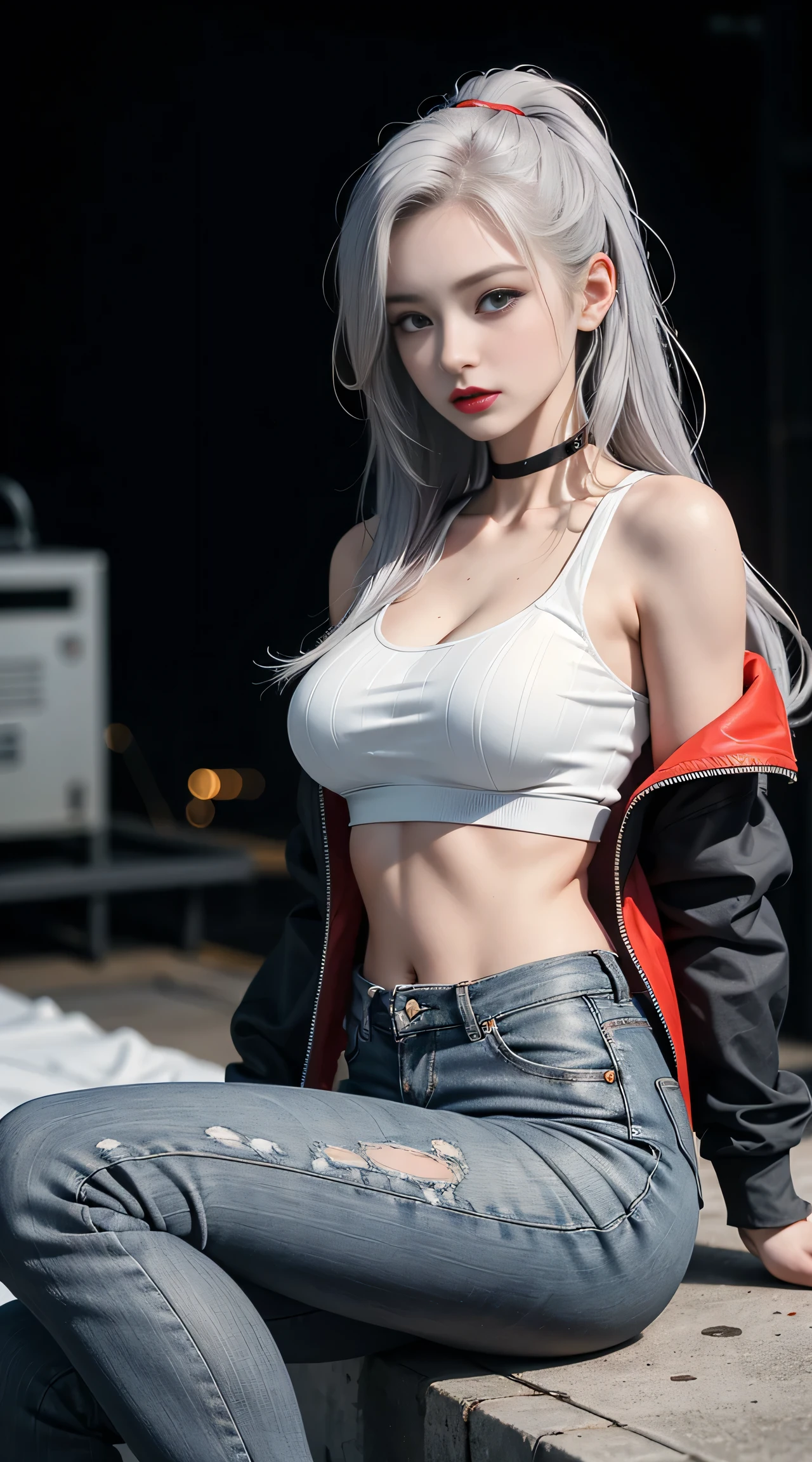 sfw, (Sci-fi fantasy), (Masterpiece), (professional oil painting) (best quality), (8k resolution), (1 beautiful girl), ((pale gray skin)), (iron gray skin), small head, ((jeans clothes)),(red jacket)), ((black t-shirt underneath), ((red lipstick)), ((black sneakers)), (comcept art), , (long hair), (messy hair), (white hair), (iron gray hair), ((with futuristic weapon)), (ammunition), ((moonlight of the night)), (sitting thinking)), wearing bra,((skinny waist)), young asian girl, ((big breasted)),