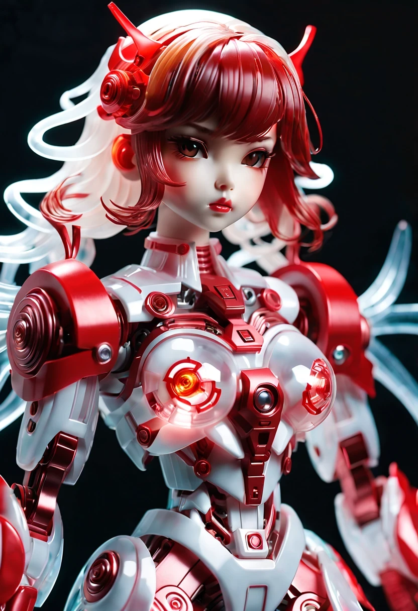 (Blind box toy style:1.2),kawaii doll, huge (translucent mechanical girl:1.2) Mechanical warriors contain a large number of electronic components, Luminous electronic eye. The mecha stands on the ground in a combat posture. white and red color scheme.(Ray tracing, Well-designed, high detail, masterpiece, best quality, ultra high definition)