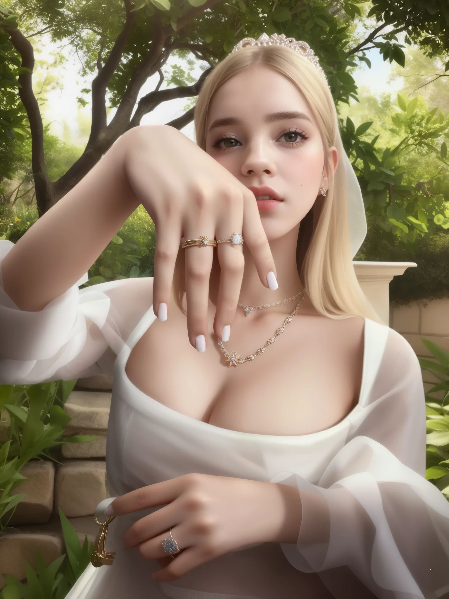 Hay una mujer con un anillo en el dedo y una mujer con un anillo en el dedo, karol bak de emma watson monja, Barbara palvin se sienta en un dedo, Barbara Palvincomo Afrodita rubia, Barbara palvin, Elle Fanning), bioda barbara palvin, arte digital muy realista, anuncios de anillos de compromiso, manos retocadas, boda