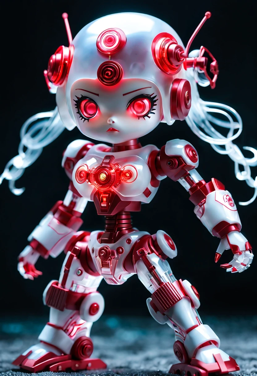 (Blind box toy style:1.2),kawaii doll, huge (translucent mechanical girl:1.2) Mechanical warriors contain a large number of electronic components, Luminous electronic eye. The mecha stands on the ground in a combat posture. white and red color scheme.(Ray tracing, Well-designed, high detail, masterpiece, best quality, ultra high definition)