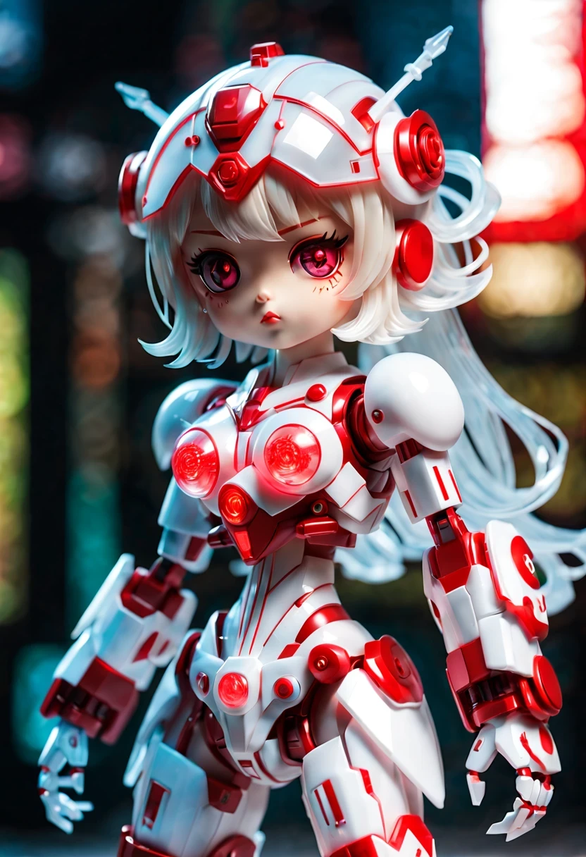 (Blind box toy style:1.2),kawaii doll, huge (translucent mechanical girl:1.2) Mechanical warriors contain a large number of electronic components, Luminous electronic eye. The mecha stands on the ground in a combat posture. white and red color scheme.(Ray tracing, Well-designed, high detail, masterpiece, best quality, ultra high definition)