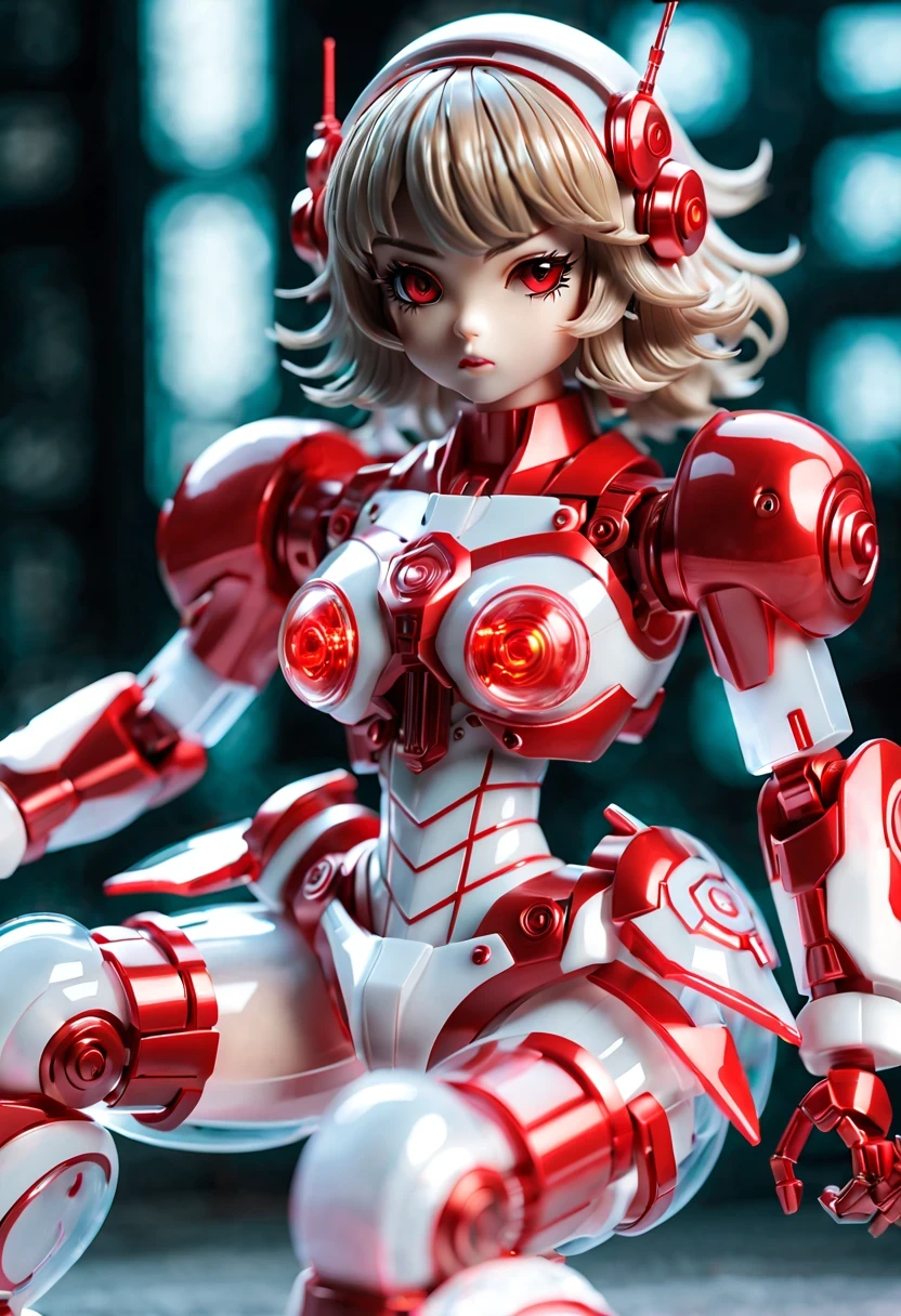 (Blind box toy style:1.2),kawaii doll, huge (translucent mechanical girl:1.2) Mechanical warriors contain a large number of electronic components, Luminous electronic eye. The mecha stands on the ground in a combat posture. white and red color scheme.(Ray tracing, Well-designed, high detail, masterpiece, best quality, ultra high definition)
