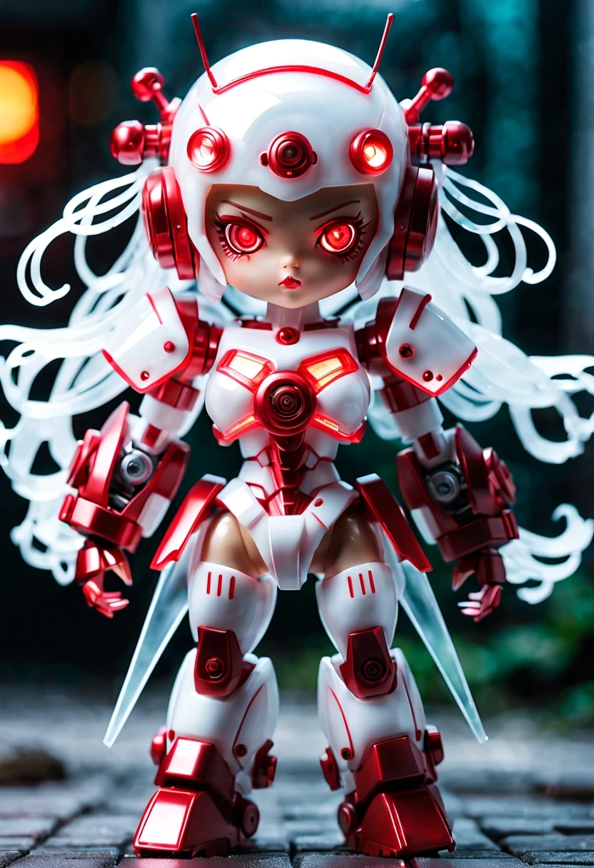 (Blind box toy style:1.2),kawaii doll, huge (translucent mechanical girl:1.2) Mechanical warriors contain a large number of electronic components, Luminous electronic eye. The mecha stands on the ground in a combat posture. white and red color scheme.(Ray tracing, Well-designed, high detail, masterpiece, best quality, ultra high definition)