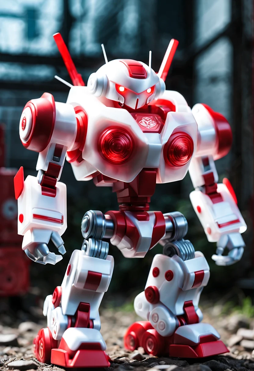 (Blind box toy style:1.2),kawaii doll, huge (translucent machinery:1.2) Mechanical warriors contain a large number of electronic components, Luminous electronic eye. The mecha stands on the ground in a combat posture. white and red color scheme.(Ray tracing, Well-designed, high detail, masterpiece, best quality, ultra high definition)
