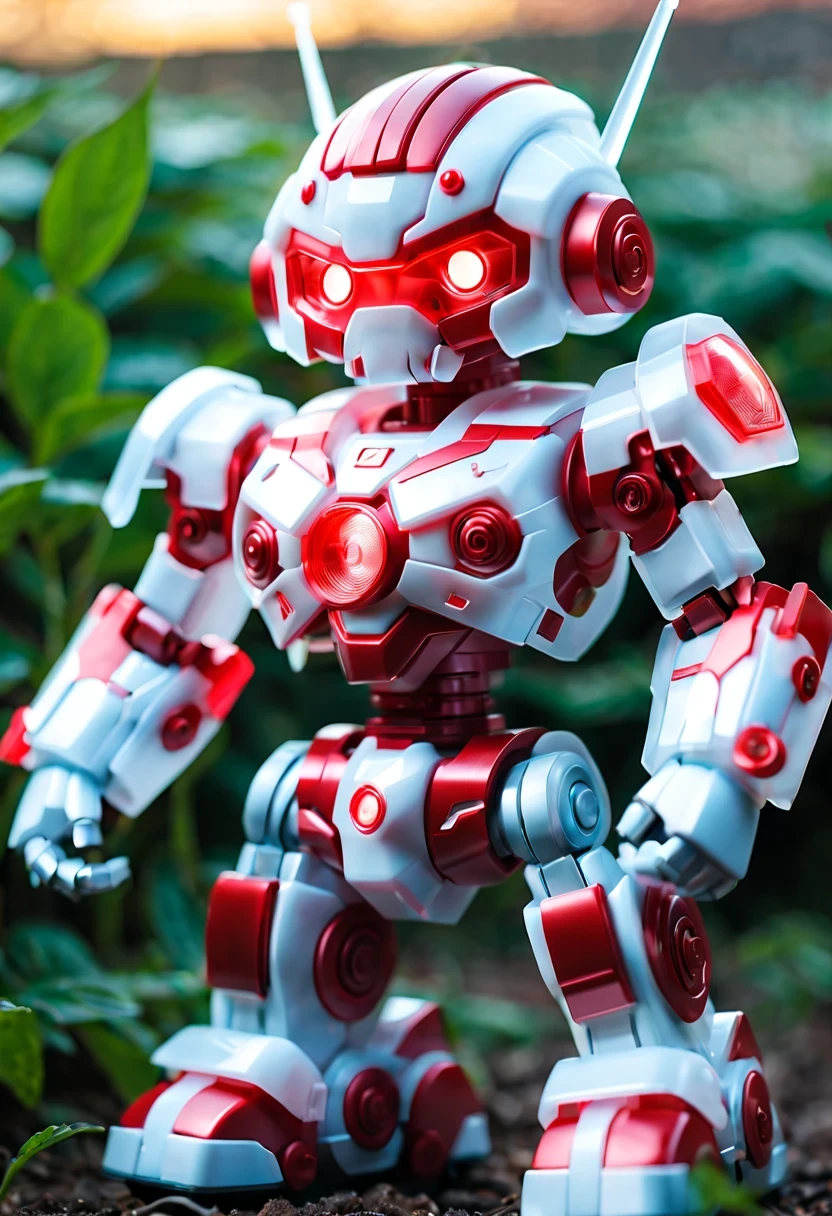 (Blind box toy style:1.2),kawaii doll, huge (translucent machinery:1.2) Mechanical warriors contain a large number of electronic components, Luminous electronic eye. The mecha stands on the ground in a combat posture. white and red color scheme.(Ray tracing, Well-designed, high detail, masterpiece, best quality, ultra high definition)