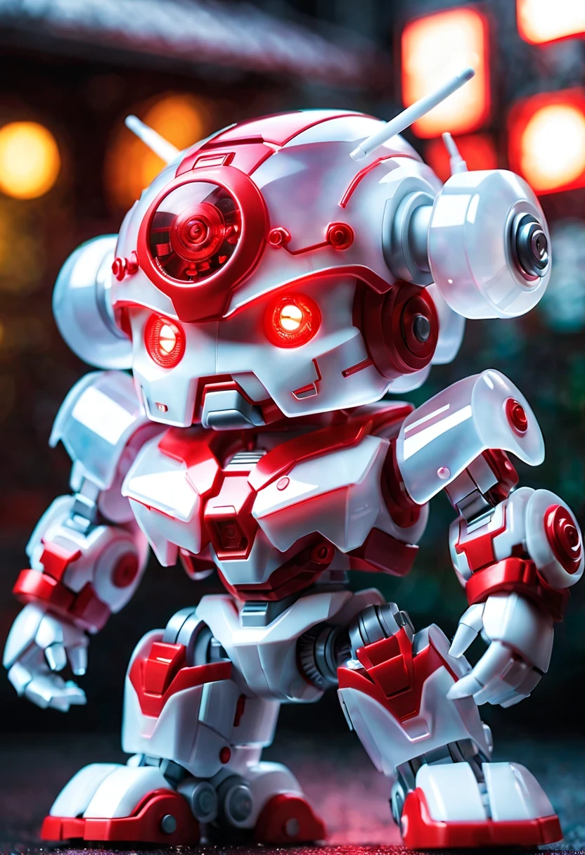 (Blind box toy style:1.2),kawaii doll, huge (translucent machinery:1.2) Mechanical warriors contain a large number of electronic components, Luminous electronic eye. The mecha stands on the ground in a combat posture. white and red color scheme.(Ray tracing, Well-designed, high detail, masterpiece, best quality, ultra high definition)