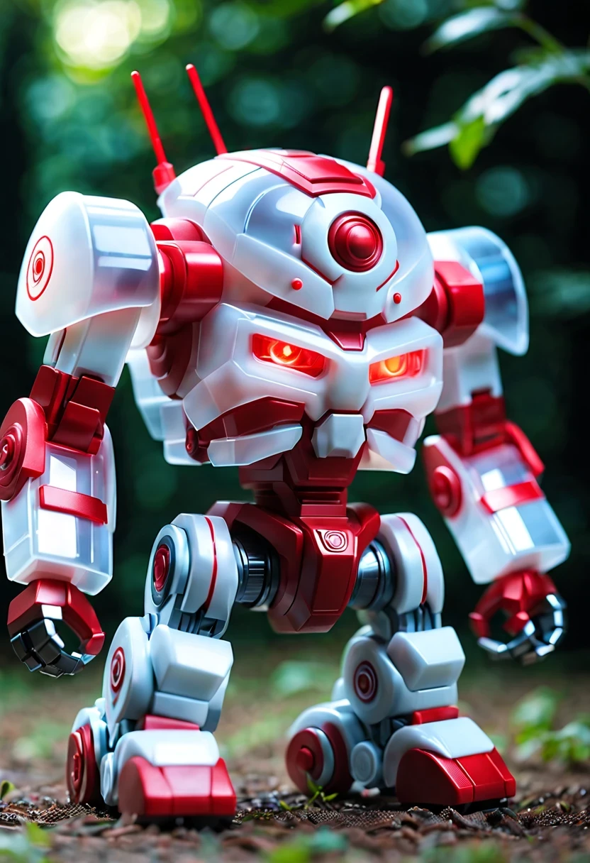 (Blind box toy style:1.2),kawaii doll, huge (translucent machinery:1.2) Mechanical warriors contain a large number of electronic components, Luminous electronic eye. The mecha stands on the ground in a combat posture. white and red color scheme.(Ray tracing, Well-designed, high detail, masterpiece, best quality, ultra high definition)