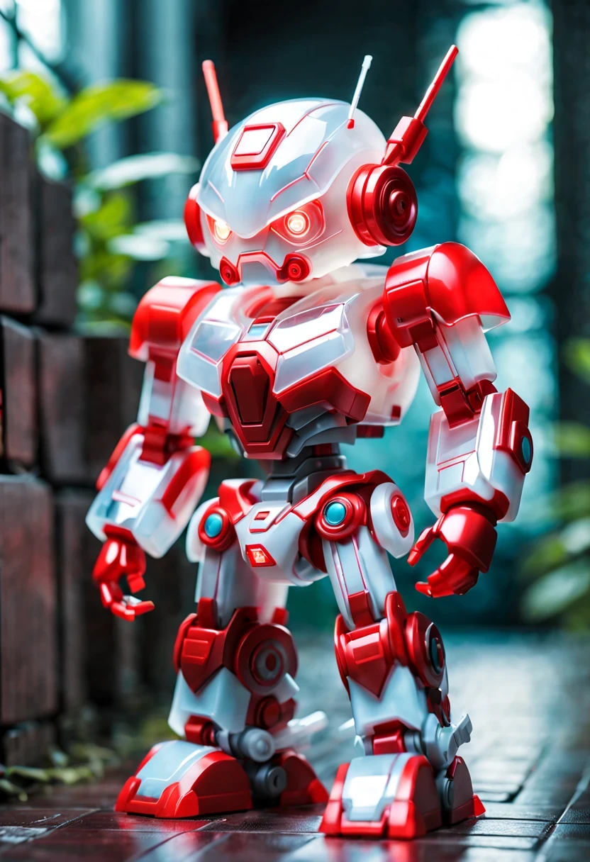 (Blind box toy style:1.2),kawaii doll, huge (translucent machinery:1.2) Mechanical warriors contain a large number of electronic components, Luminous electronic eye. The mecha stands on the ground in a combat posture. white and red color scheme.(Ray tracing, Well-designed, high detail, masterpiece, best quality, ultra high definition)