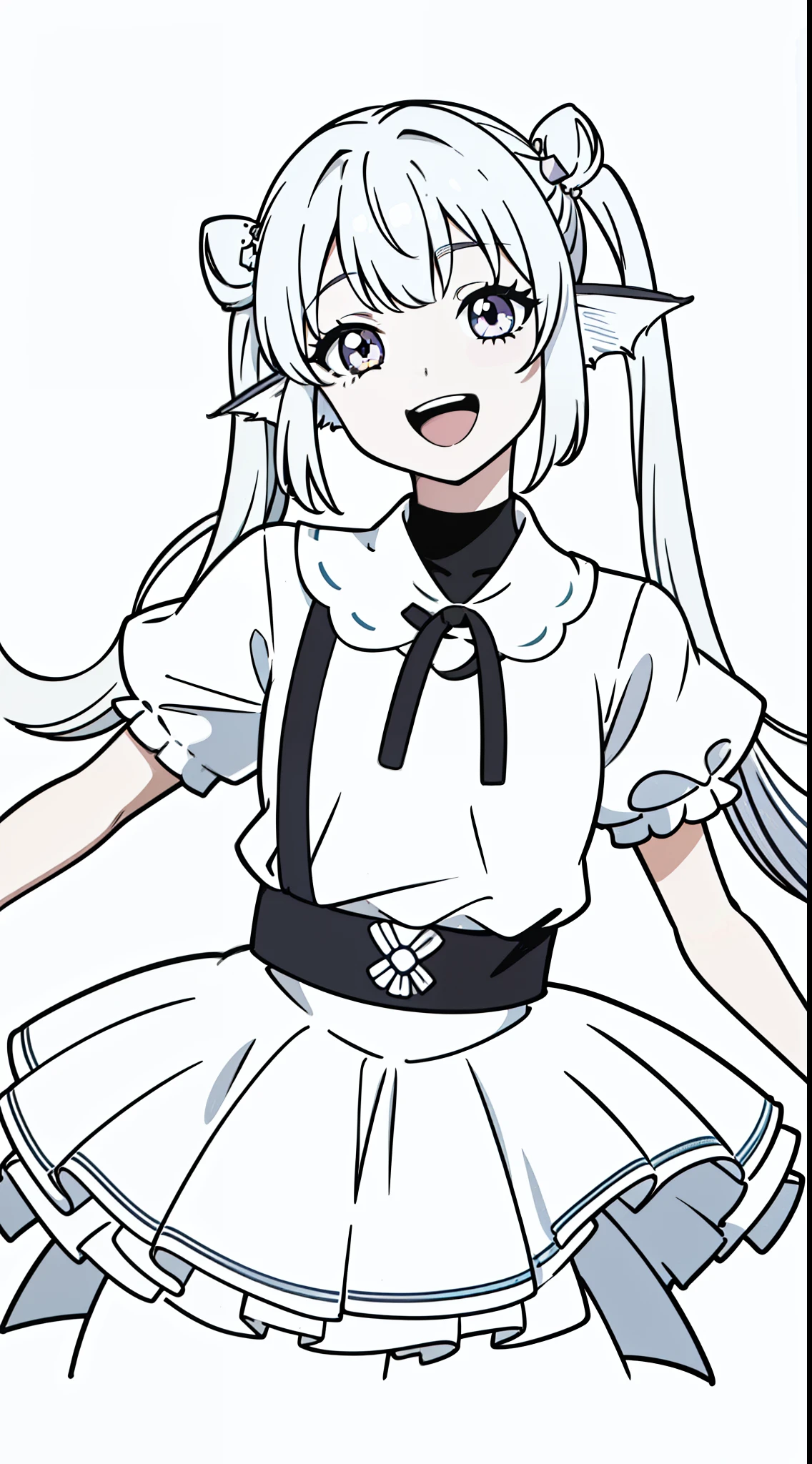 (1girl,20 years old),solo,(white background,line drawing,long hair, white hair,fish ears,smile,smile,upper body,twintails,open mouth,from front,white shirt,short sleeves,white skirt