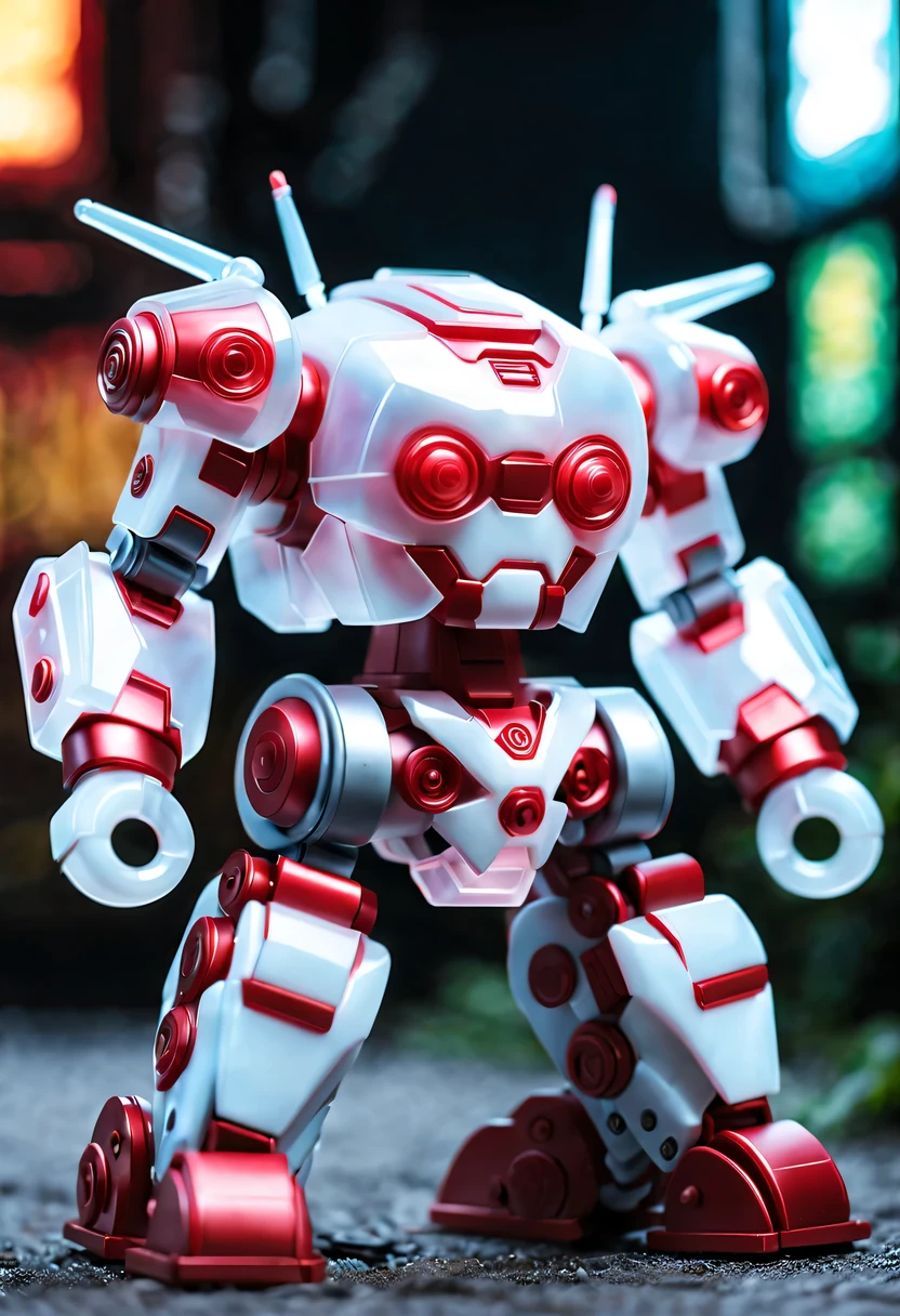 (Blind box toy style:1.2),kawaii doll, huge (translucent machinery:1.2) Mechanical warriors contain a large number of electronic components, Luminous electronic eye. The mecha stands on the ground in a combat posture. white and red color scheme.(Ray tracing, Well-designed, high detail, masterpiece, best quality, ultra high definition)