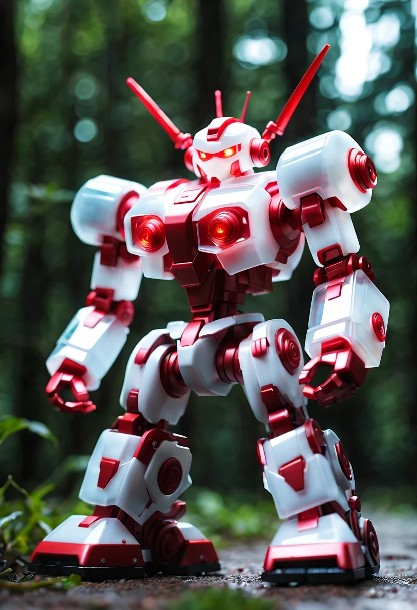(Blind box toy style:1.2),kawaii doll, huge (translucent machinery:1.2) Mechanical warriors contain a large number of electronic components, Luminous electronic eye. The mecha stands on the ground in a combat posture. white and red color scheme.(Ray tracing, Well-designed, high detail, masterpiece, best quality, ultra high definition)