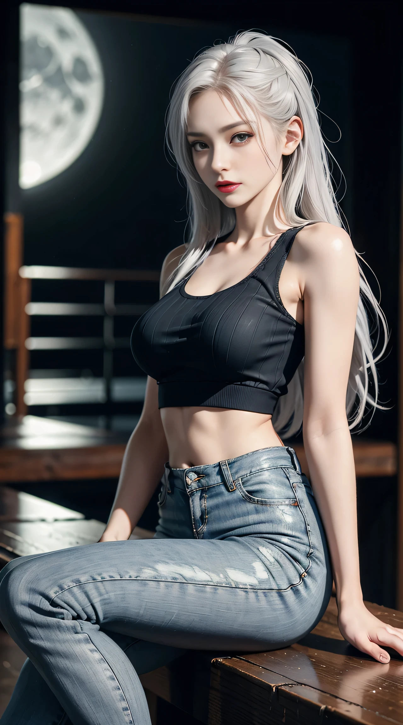 sfw, (Sci-fi fantasy), (Masterpiece), (professional oil painting) (best quality), (8k resolution), (1 beautiful girl), ((pale gray skin)), (iron gray skin), small head, ((jeans clothes)),(red jacket)), ((black t-shirt underneath), ((red lipstick)), ((black sneakers)), (comcept art), , (long hair), (messy hair), (white hair), (iron gray hair), ((with futuristic weapon)), (ammunition), ((moonlight of the night)), (sitting thinking)), wearing bra,((skinny waist)), young asian girl, ((big breasted)),
