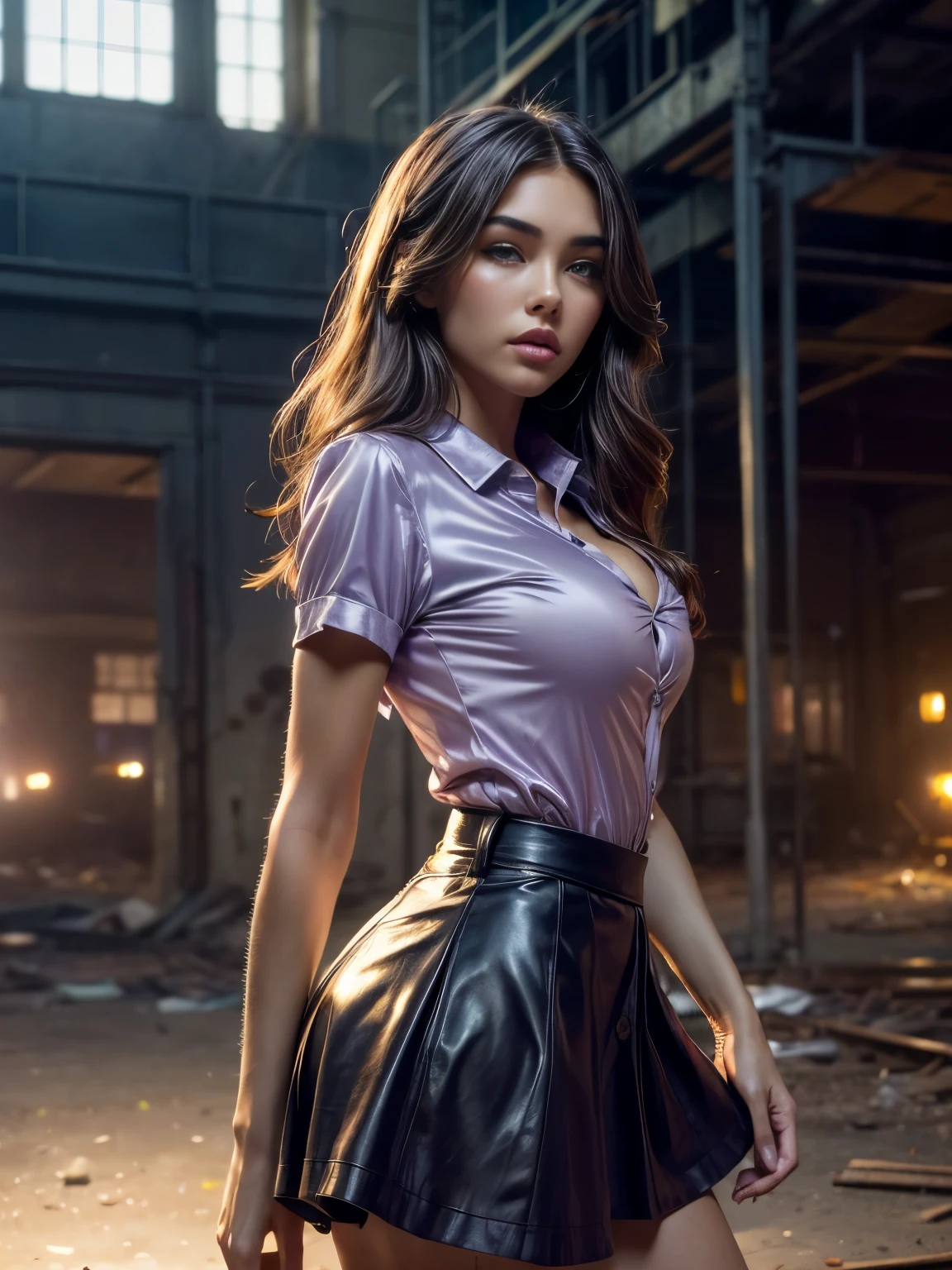 Foto hiperrealista en primer plano de Madison Beer, masterpiece, best quality, (photorealistic:1.4), full body, (lavender satin luxury short sleeve button-up shirt :1.1), (leather skirt), cinematic light, beautiful woman, medium breasts, wavy hair, detailed face, photo taken from a distance, in a old abandoned factory, amber twinkle lights in background, romantic lighting, (surrounded by flowers:1,15), (sunset:1.05), action pose