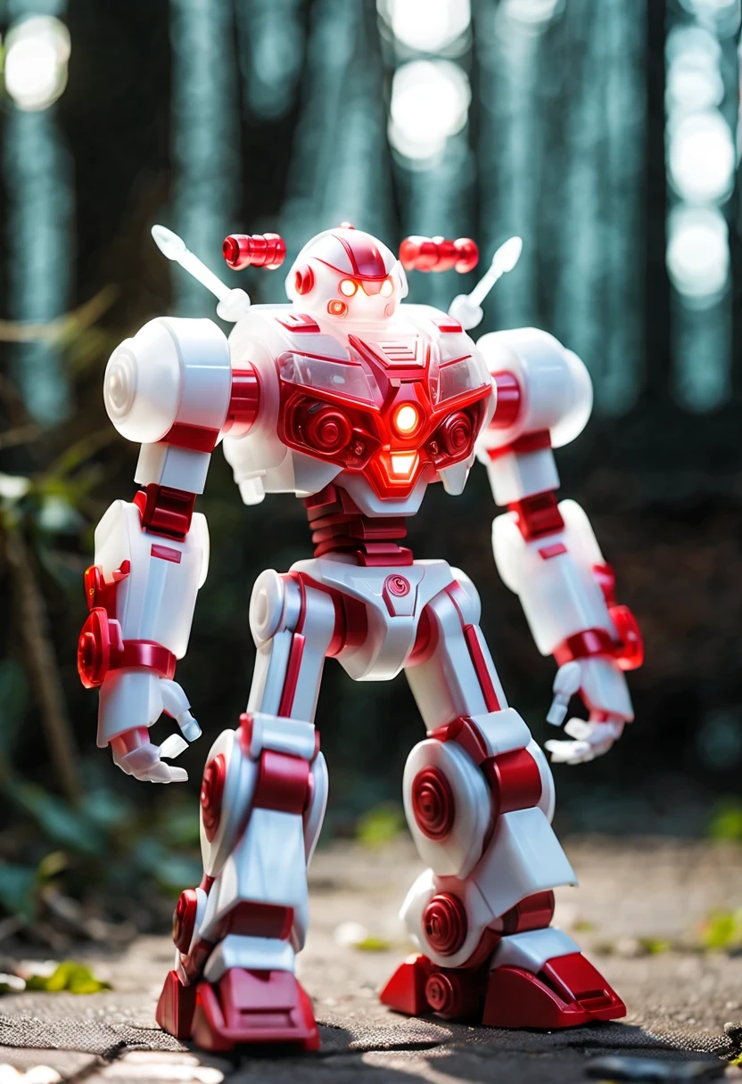(Blind box toy style:1.2),kawaii doll, huge (translucent machinery:1.2) Mechanical warriors contain a large number of electronic components, Luminous electronic eye. The mecha stands on the ground in a combat posture. white and red color scheme.(Ray tracing, Well-designed, high detail, masterpiece, best quality, ultra high definition)