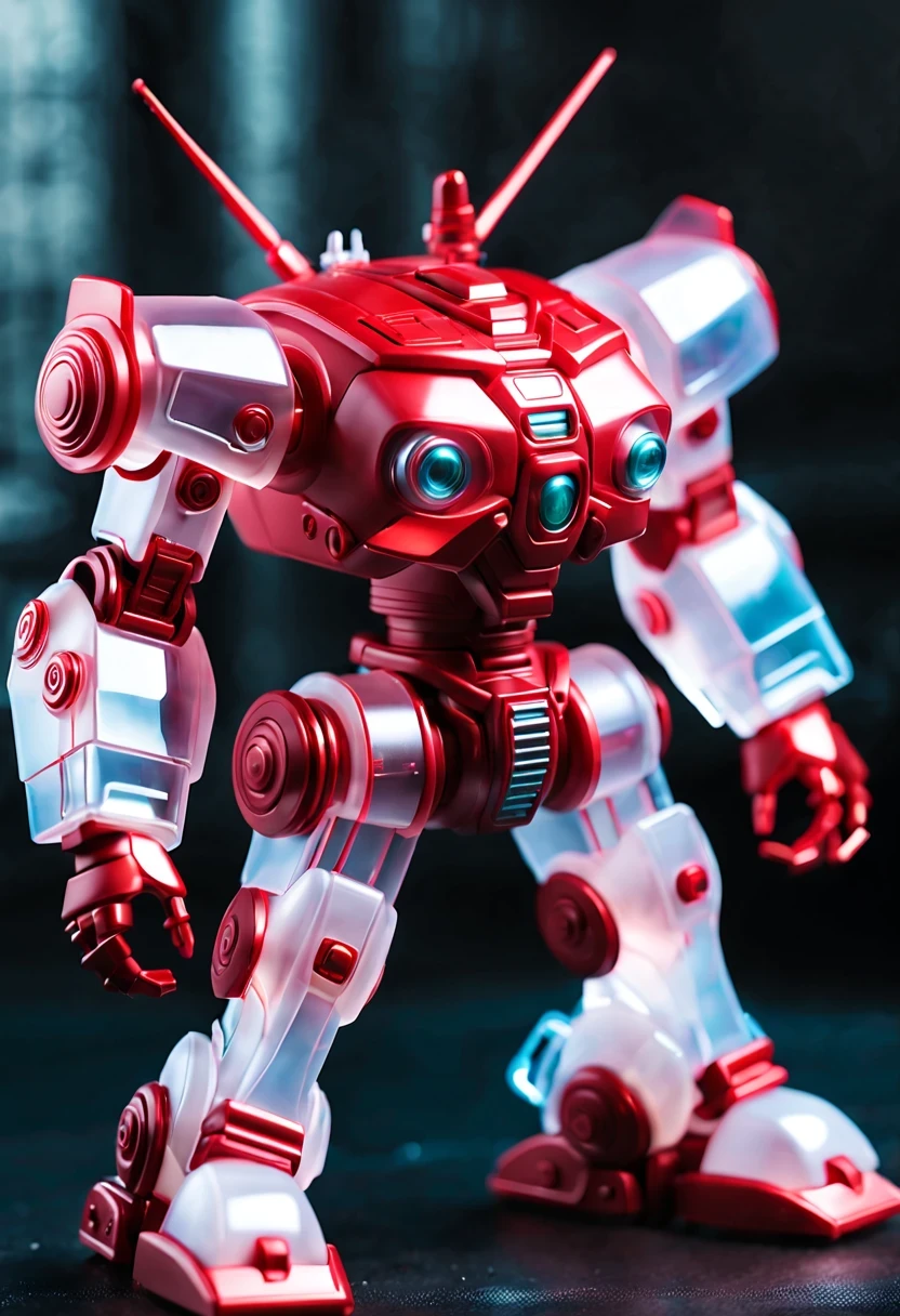 (Blind box toy style:1.2),kawaii doll, huge (translucent machinery:1.2) Mechanical warriors contain a large number of electronic components, Luminous electronic eye. The mecha stands on the ground in a combat posture. white and red color scheme.(Ray tracing, Well-designed, high detail, masterpiece, best quality, ultra high definition)