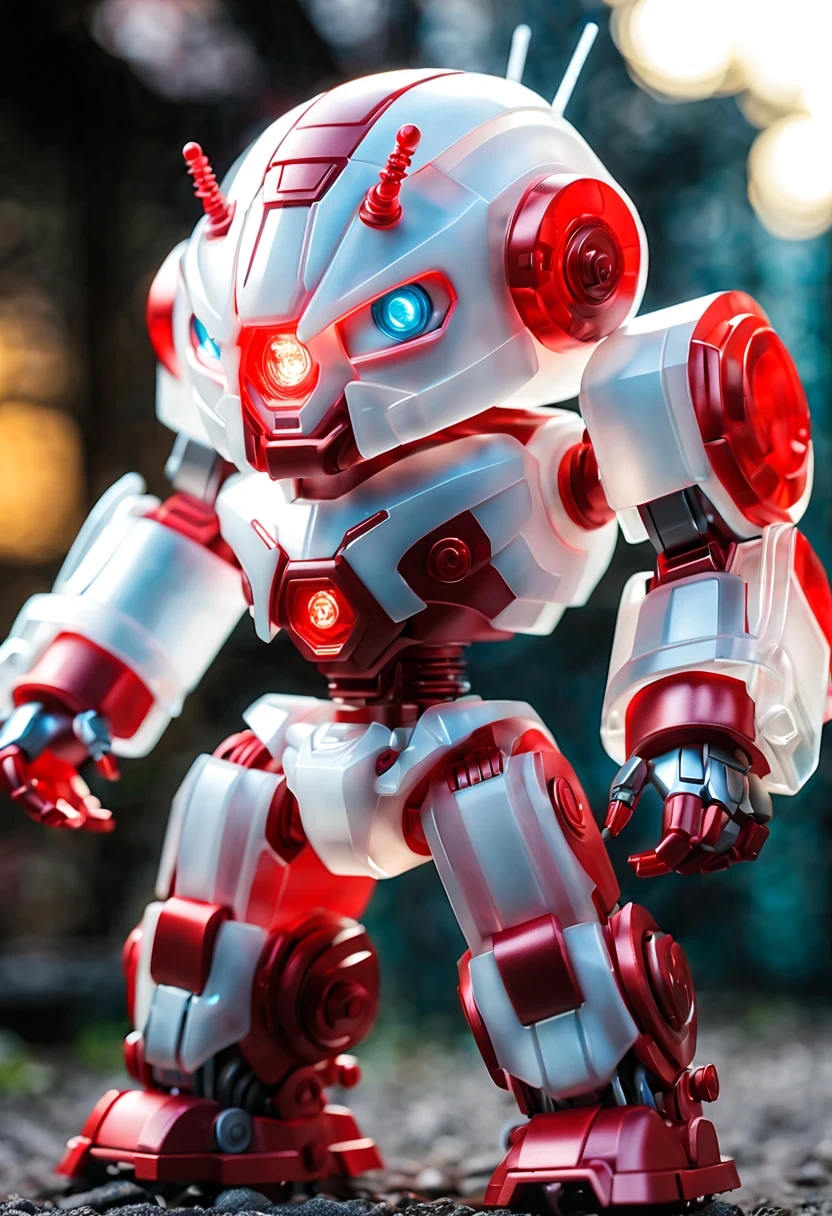 (Blind box toy style:1.2),kawaii doll, huge (translucent machinery:1.2) Mechanical warriors contain a large number of electronic components, Luminous electronic eye. The mecha stands on the ground in a combat posture. white and red color scheme.(Ray tracing, Well-designed, high detail, masterpiece, best quality, ultra high definition)
