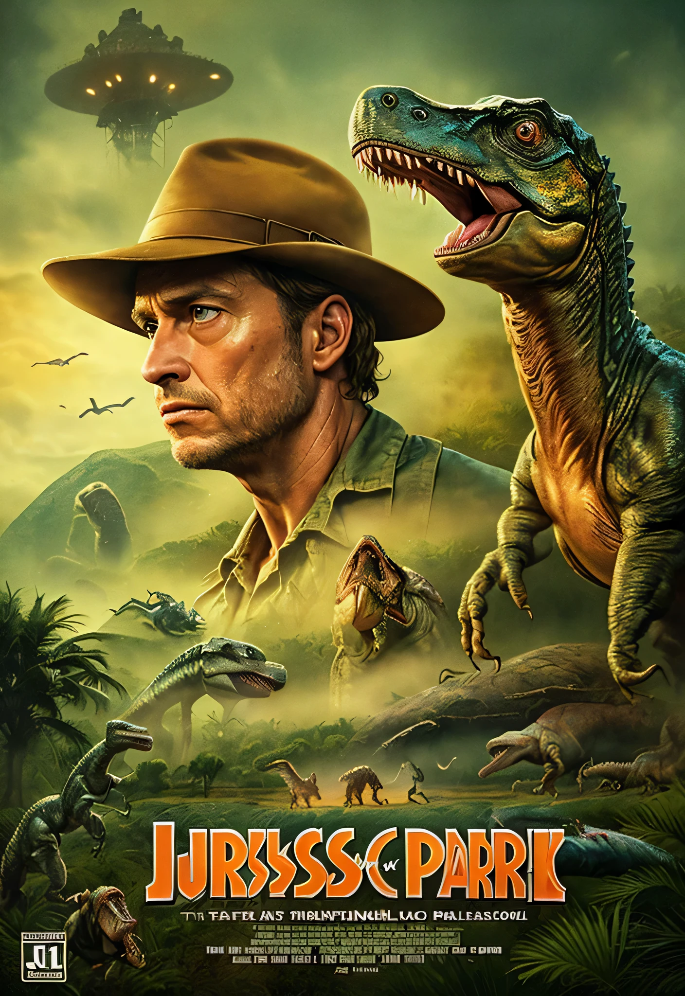 a close up of a movie poster with a man in a hat, jurassic park, official poster, movie poster, jurassic, key art, jurassic image, movie promotional image, bestselling movie poster, in the movie jurassic park, promotional movie poster, full poster, poster, promotional poster, official poster artwork, kinematics", j. dickenson