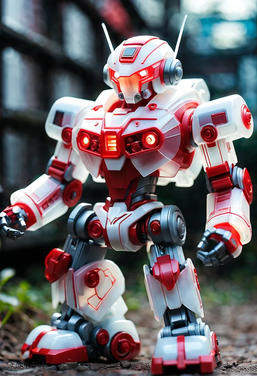 (Blind box toy style:1.2),kawaii doll, huge (translucent machinery:1.2) Mechanical warriors contain a large number of electronic components, Luminous electronic eye. The mecha stands on the ground in a combat posture. white and red color scheme.(Ray tracing, Well-designed, high detail, masterpiece, best quality, ultra high definition)