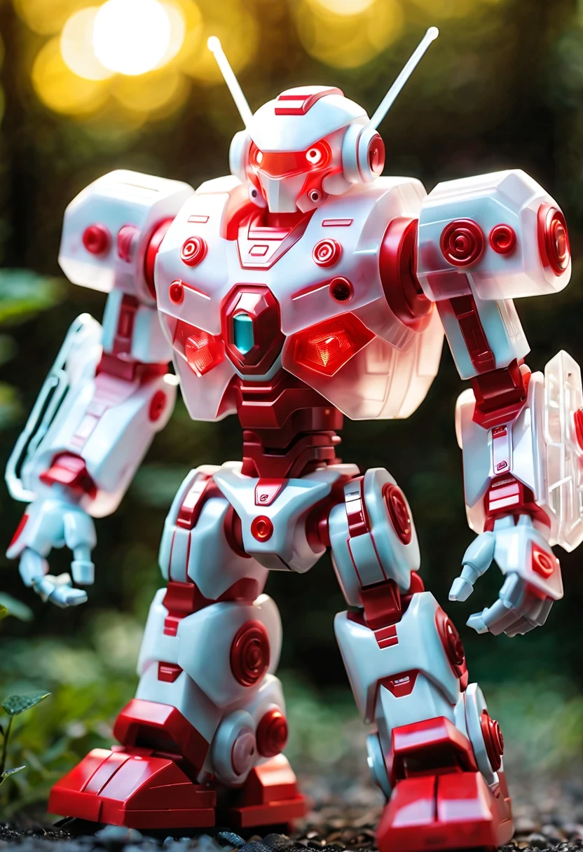 (Blind box toy style:1.2),kawaii doll, huge (translucent machinery:1.2) Mechanical warriors contain a large number of electronic components, Luminous electronic eye. The mecha stands on the ground in a combat posture. white and red color scheme.(Ray tracing, Well-designed, high detail, masterpiece, best quality, ultra high definition)