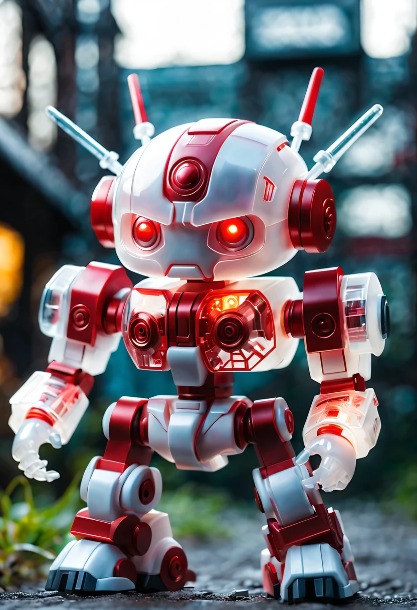 (Blind box toy style:1.2),kawaii doll, huge (translucent machinery:1.2) Mechanical warriors contain a large number of electronic components, Luminous electronic eye. The mecha stands on the ground in a combat posture. white and red color scheme.(Ray tracing, Well-designed, high detail, masterpiece, best quality, ultra high definition)