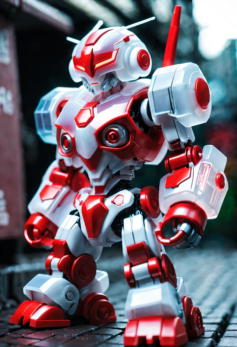 (Blind box toy style:1.2),kawaii doll, huge (translucent machinery:1.2) Mechanical warriors contain a large number of electronic components, Luminous electronic eye. The mecha stands on the ground in a combat posture. white and red color scheme.(Ray tracing, Well-designed, high detail, masterpiece, best quality, ultra high definition)