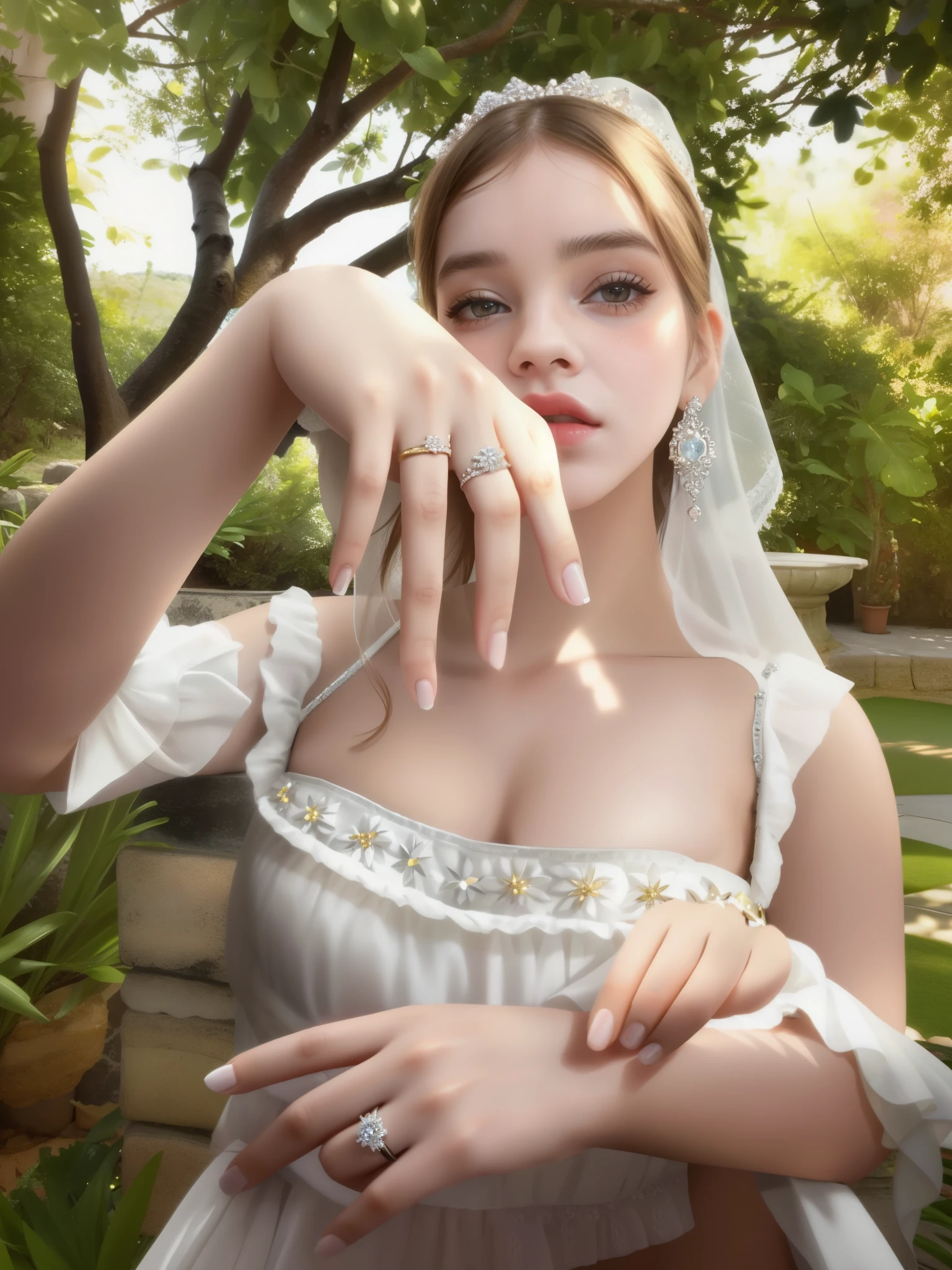 Hay una mujer con un anillo en el dedo y una mujer con un anillo en el dedo, karol bak de emma watson monja, Barbara palvin se sienta en un dedo, Barbara Palvincomo Afrodita rubia, Barbara palvin, Elle Fanning), bioda barbara palvin, arte digital muy realista, anuncios de anillos de compromiso, manos retocadas, boda