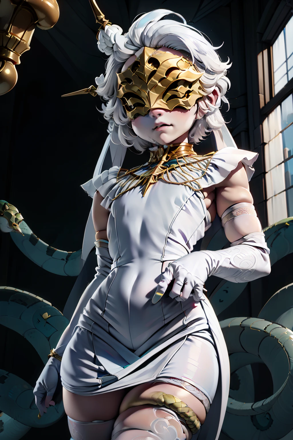 Gywndolin, short white hair, androgynous, 1 small boy, male, femboy, ,  body, , flat-chested, GwyRob, white thigh highs, ((golden sun mask)), covered eyes, gold jewelry, white elbow gloves, white dress, green snakes, white veil, ((snakes under white dress)), perfect anatomy, solo