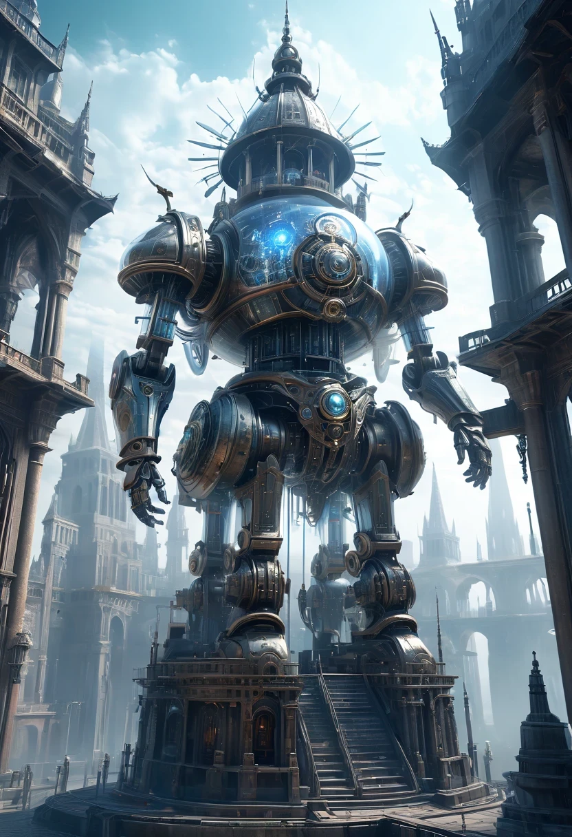 Translucent ethereal mechanical warrior，Spectacular high-tech space landscape,The integration of future technology and medieval cities,Medieval ancient palace,Medieval ancient bell tower,medieval antiquity,Translucent ethereal mechanical warrior，Model shooting style, (Extremely detailed CG unified 8k wallpaper), The beauty of abstract style,，surreal, 8k, Super details, best quality, Award-winning, anatomically correct, 16k, Super details,sparkling neon lights,cosmic energy field,