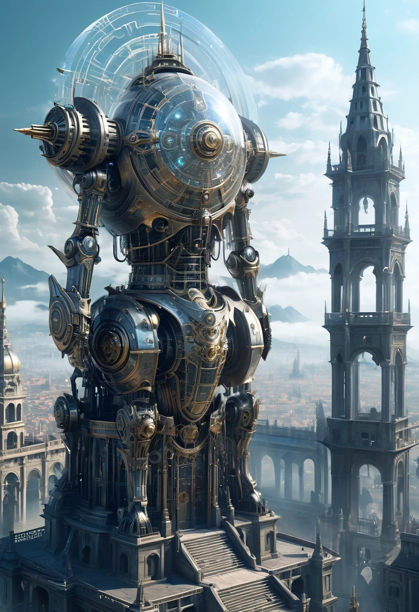 Translucent ethereal mechanical warrior，Spectacular high-tech space landscape,The integration of future technology and medieval cities,Medieval ancient palace,Medieval ancient bell tower,medieval antiquity,Translucent ethereal mechanical warrior，Model shooting style, (Extremely detailed CG unified 8k wallpaper), The beauty of abstract style,，surreal, 8k, Super details, best quality, Award-winning, anatomically correct, 16k, Super details,sparkling neon lights,cosmic energy field,