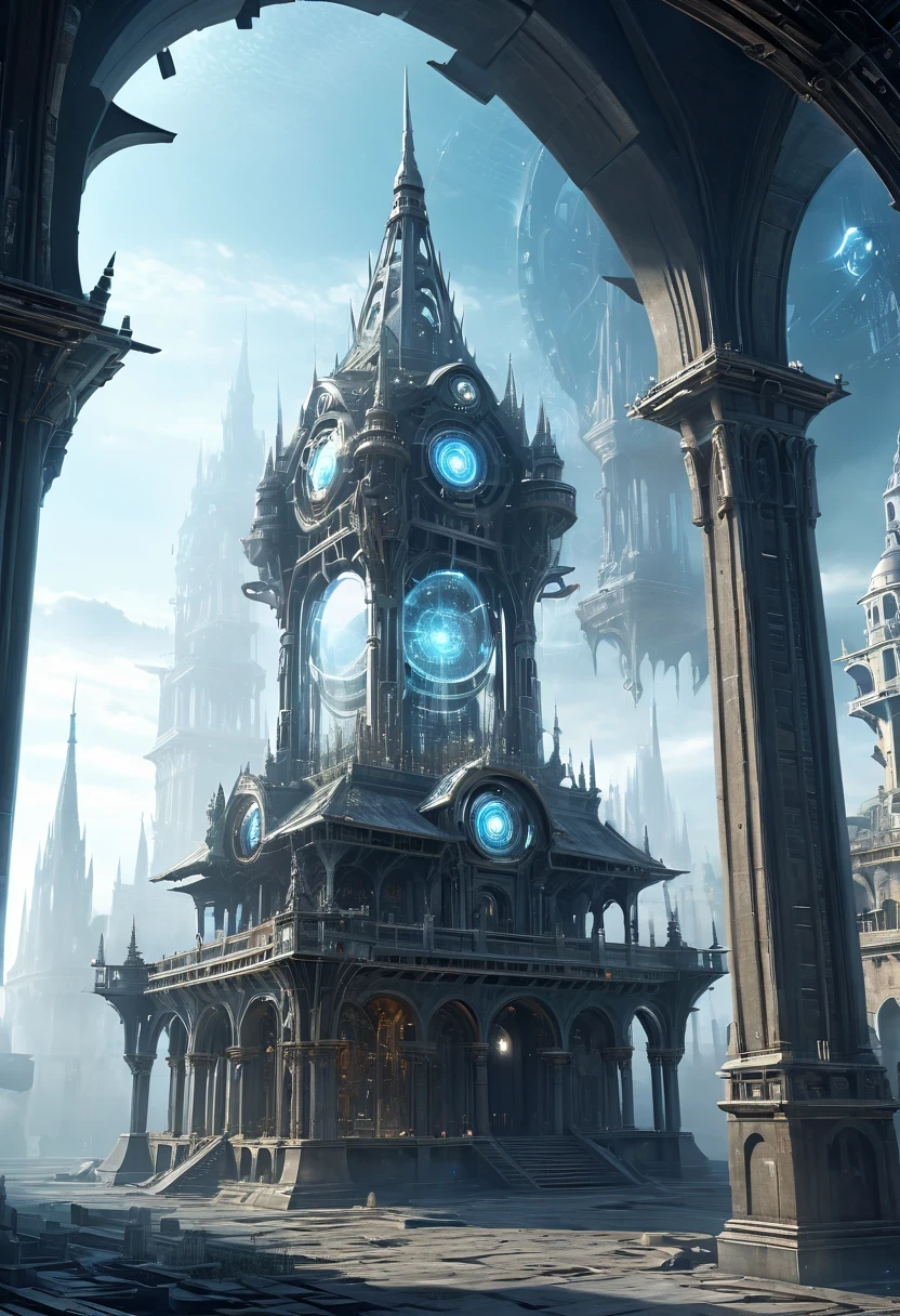 Translucent ethereal mechanical warrior,Spectacular high-tech space landscape,The integration of future technology and medieval cities,Medieval ancient palace,Medieval ancient bell tower,medieval antiquity,Translucent ethereal mechanical warrior,Model shooting style, (Extremely detailed CG unified 8k wallpaper), The beauty of abstract style,,surreal, 8k, Super details, best quality, Award-winning, anatomically correct, 16k, Super details,sparkling neon lights,cosmic energy field,