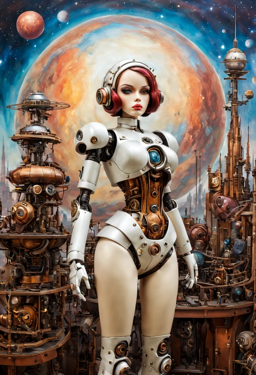 Mecha girl,A mechanical doll stands in front of a planet painting, Retro city background,perfect mechanical body, interconnected human life forms, Panorama of mechanical female doll,Victoria steampunk, endless dreams, stardust, galaxy,