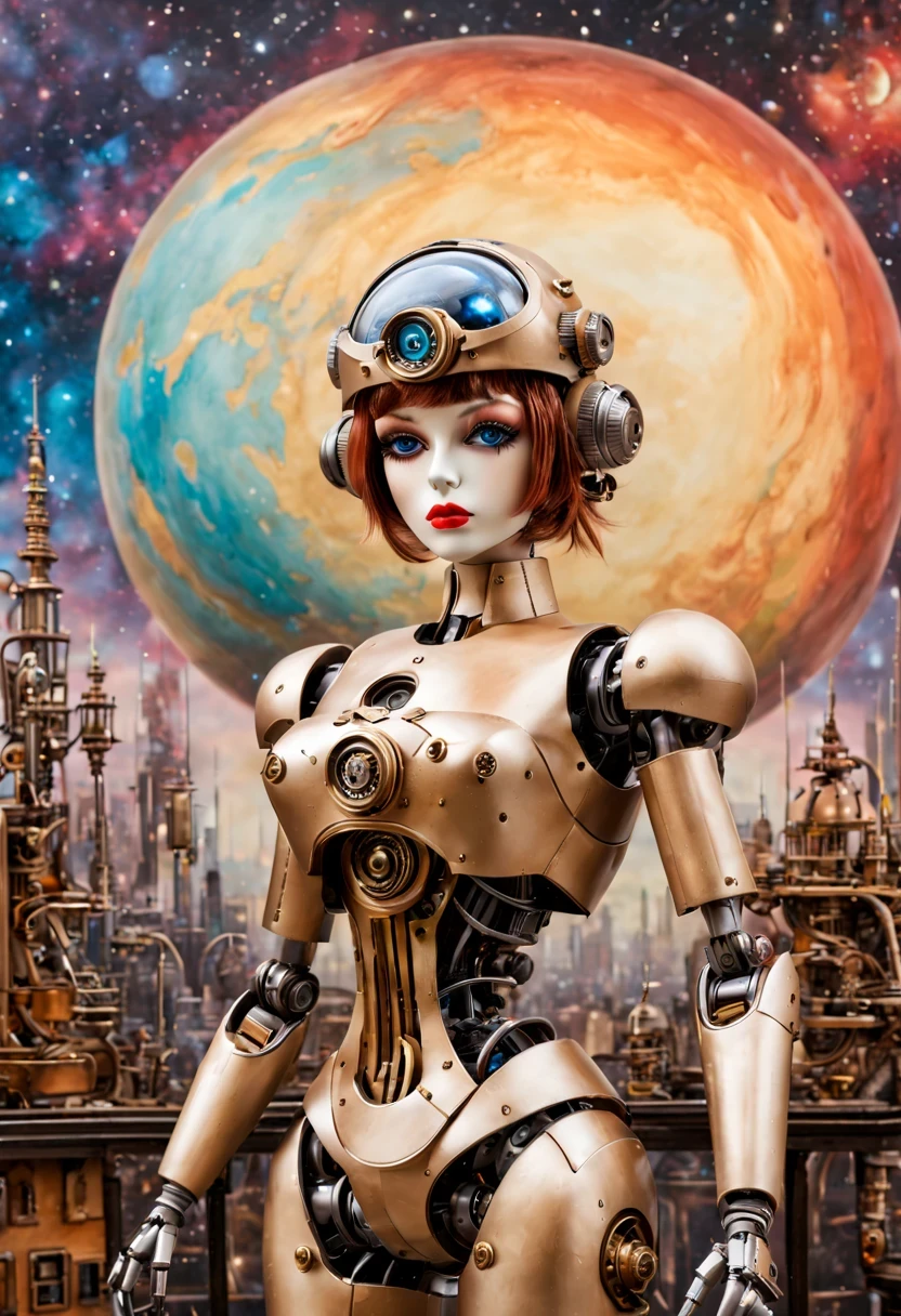 Mecha girl，A mechanical doll stands in front of a planet painting, Retro city background,perfect mechanical body, interconnected human life forms, Panorama of mechanical female doll,Victoria steampunk， endless dreams, stardust, galaxy,