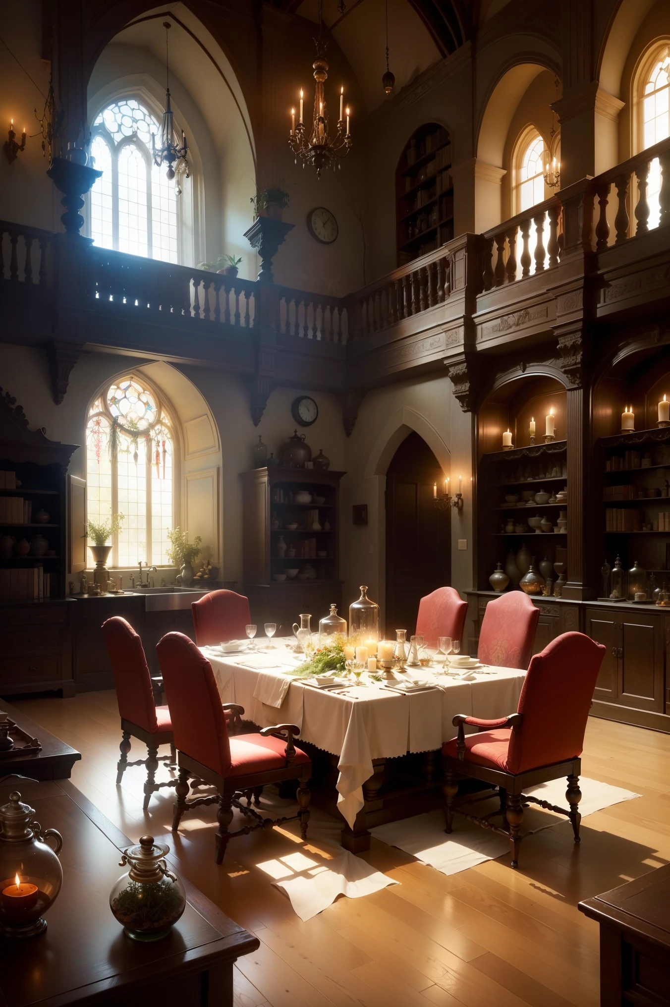 A large student class of the Middle Ages, with a massive table, large windows, a lot of light ((bright room)), (green) heavy, long curtains made of fabric (velvet), glass flasks ((Unusual potions, colored glass)), a stone mortar and pestle, a book on alchemy, shelves with jars of various sizes, herbs and spices, ((bunches of dried herbs hanging from the ceiling)), wax candles. Magical atmosphere, fantasy art, this work is made in very realistic colors, artistic expressiveness..