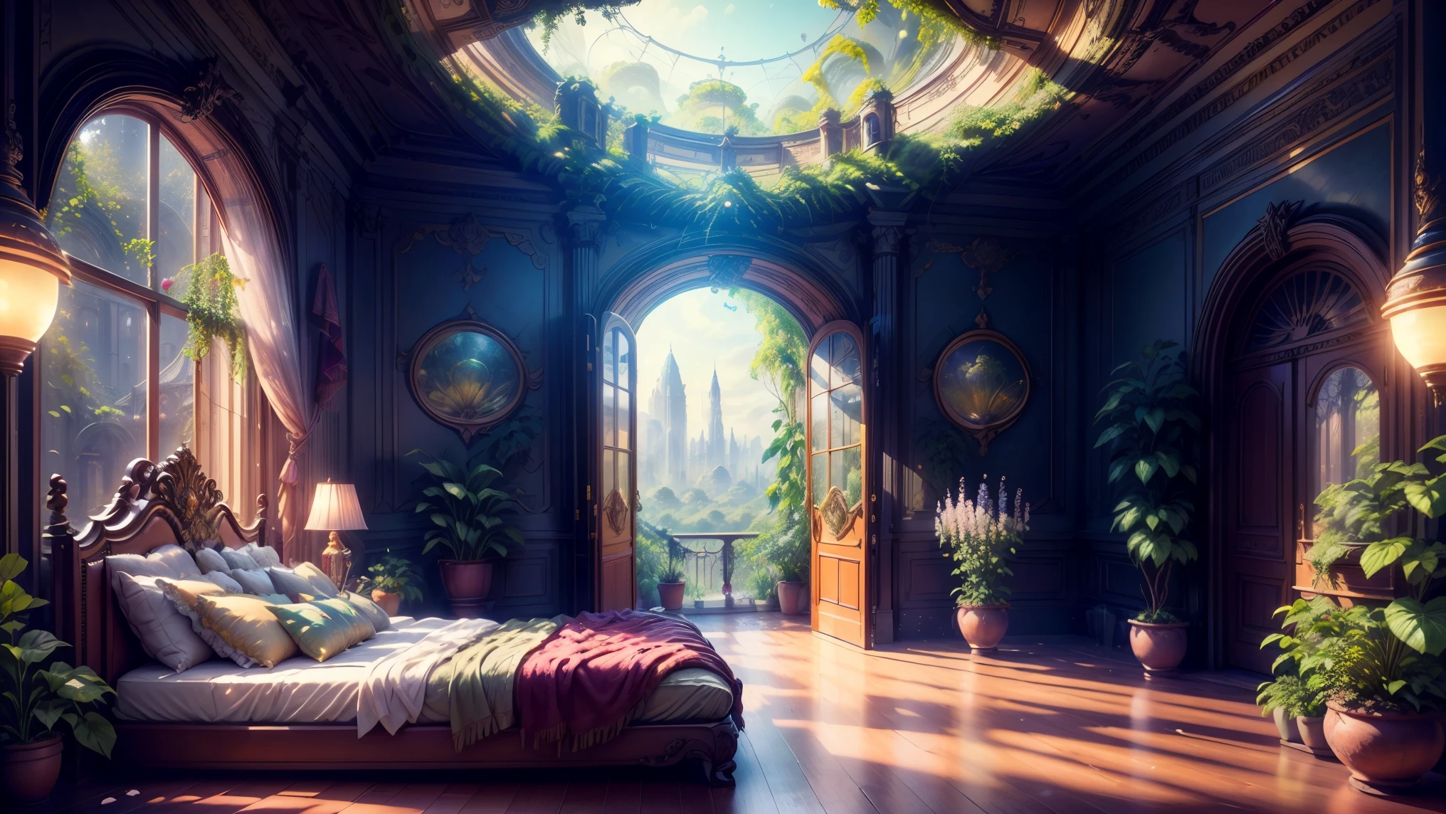 Solarpunk Dreamscape: The Royal Botanical Sanctuary | Generate an ornate botanical bedroom in the style of Versailles in a solarpunk world. There is a giant historical window in the bedroom. The giant French historical window is adorned with intricate carvings and dominates one wall. Through the massive window, a colorful and intricate solarpunk cityscape is visible. The cityscape is bustling and interesting, with many small details and high visual interest. The bedroom is peaceful, with many elegant flowers and flowered ivy among the rich silk fabric and hardwood floor. Take inspiration from rooftop gardens, royal french gardens, beautiful rose gardens, and whimsical fantasy. Include beautiful fantasy details and touches, including fantasy water, books, 3D touches, and delicate tendrils of ivy. Camera: Utilize innovative lighting techniques to emphasize the realism and beauty of the image. Delicate flower petals from floating flowers dance through the air. Utilize dynamic composition to create a compelling image.