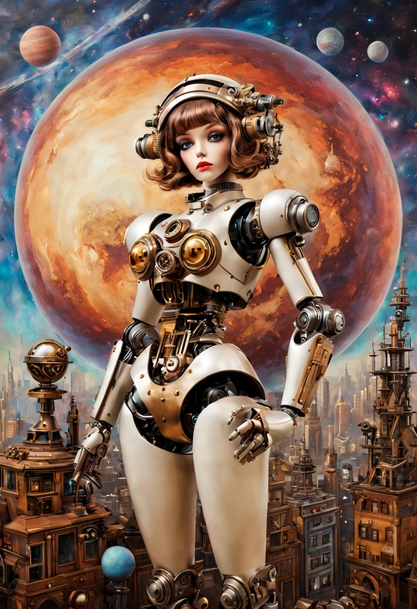 Mecha girl，A mechanical doll stands in front of a planet painting, Retro city background,perfect mechanical body, interconnected human life forms, Panorama of mechanical female doll,Victoria steampunk， endless dreams, stardust, galaxy,