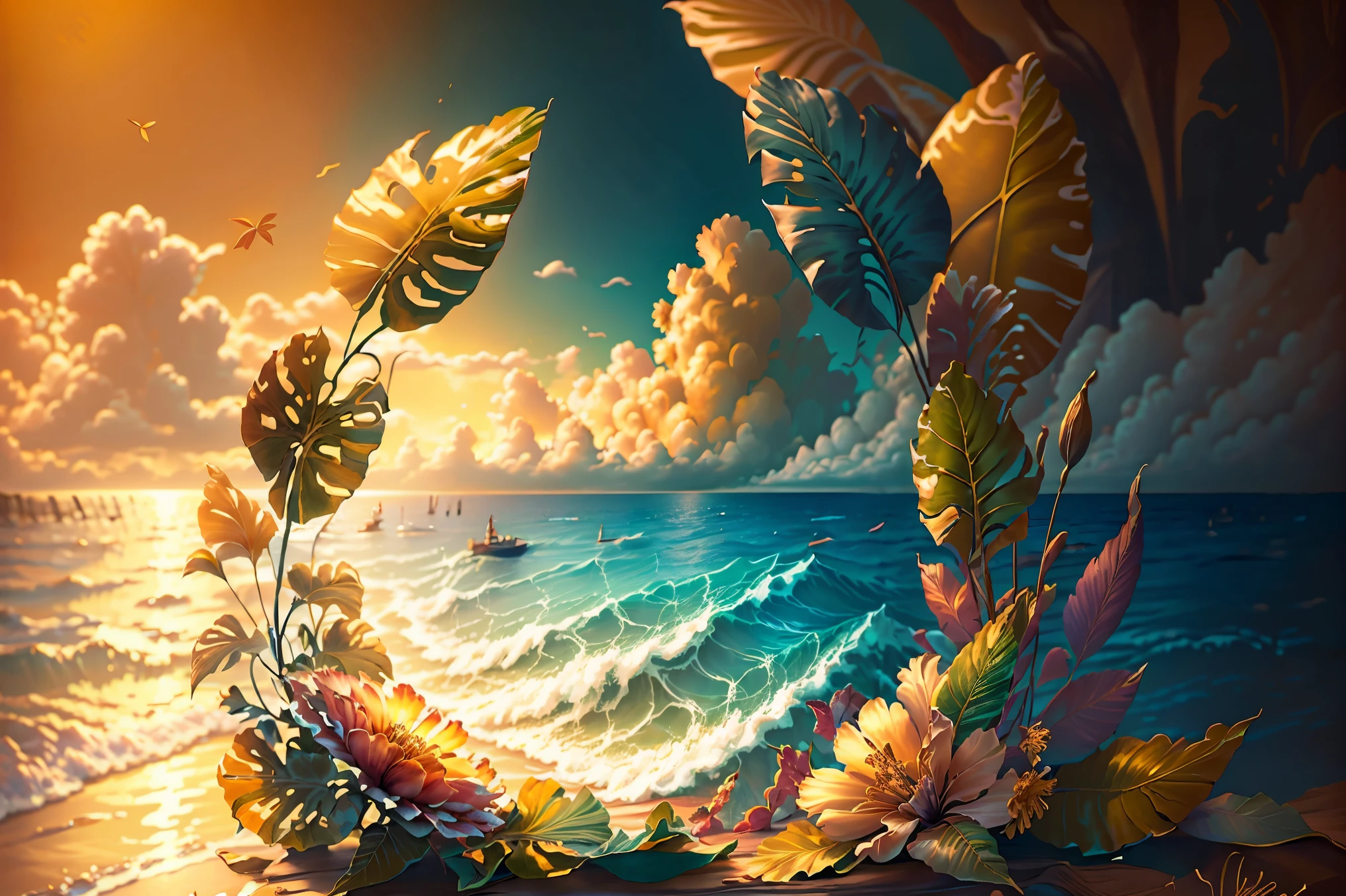 tropical flowers and wooden background with a frame for text, tropical background, blooming tropical flowers, background yellow and blue, beach sunset background, stylized background, tropic plants and flowers, vibrant & colorful background, floral sunset, colorful picture, mediterranean beach background, relaxed. gold background, amazing colorful background, beach background, colorfully background, seaside backgroud, flower frame