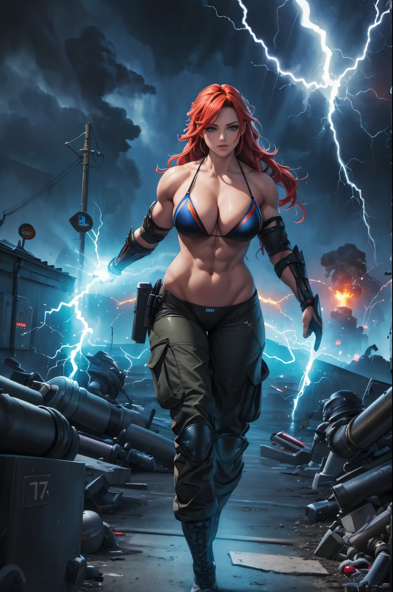 (best quality,highres),1woman,(((woman))),((((muscular)))),(swim suit under the clothes:1.2),(cargo pants:1.2),muscular arms, muscular body,military equipment,((gauntlets:1.2)),military boots,(small breasts),ultra-detailed,physically-based rendering,vivid colors,sharp focus,portrait,studio lighting,reddish color tones,warm lighting,(best quality,4k,highres,masterpiece:1.2),goddess of thunder,lightning powers,electric energy,hands glowing with lightning,electric sparks,stormy atmosphere,dark clouds,ominous sky,striking visuals,impressive details,thunderbolts,electrifying presence,vibrant colors,electrifying beauty,divine power,energetic aura,commanding presence,dynamic composition,majestic posture,flowing hair,captivating eyes,ethereal essence,powerful expression,electric currents,electromagnetic energy,surrounded by lightning bolts,electricity crackling,awe-inspiring,unleashing thunder,dominating the storm,force of nature,electric storm,mythical deity,vivid portrayal
