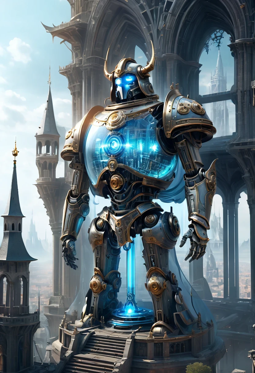 Translucent ethereal mechanical warrior，Spectacular high-tech space landscape,The integration of future technology and medieval cities,Medieval ancient palace,Medieval ancient bell tower,medieval antiquity,Translucent ethereal mechanical warrior，Model shooting style, (Extremely detailed CG unified 8k wallpaper), The beauty of abstract style,，surreal, 8k, Super details, best quality, Award-winning, anatomically correct, 16k, Super details,sparkling neon lights,cosmic energy field,