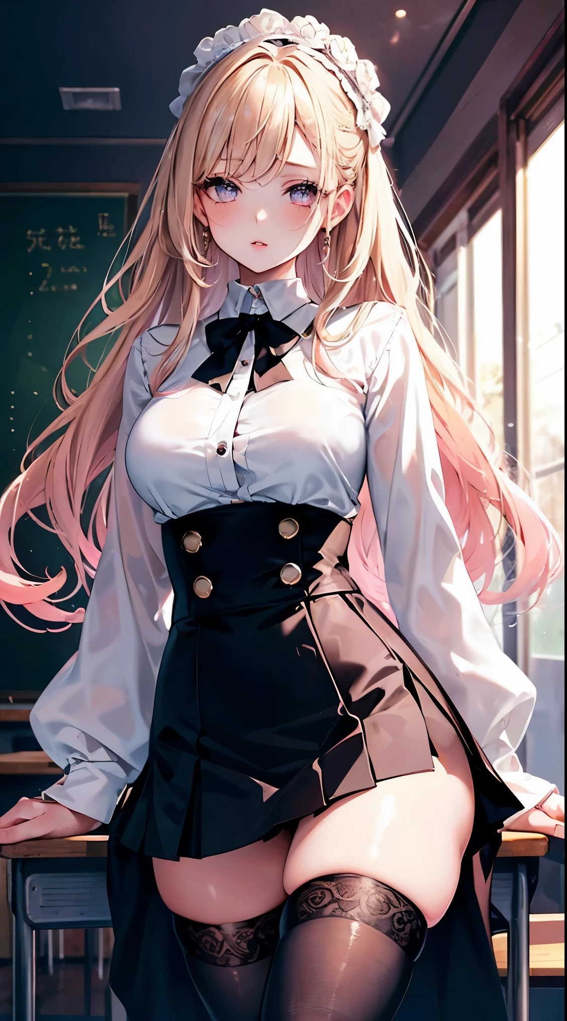 Highest Quality, masterpiece, beautifully detailed eyes, lightly curled Blonde Hair, Gradient Hair, pink highlights in hair, makeup, glossy lips, full lips, white blouse, medium breasts, tiny black microskirt, thigh highs, (classroom), (ethereal beauty)