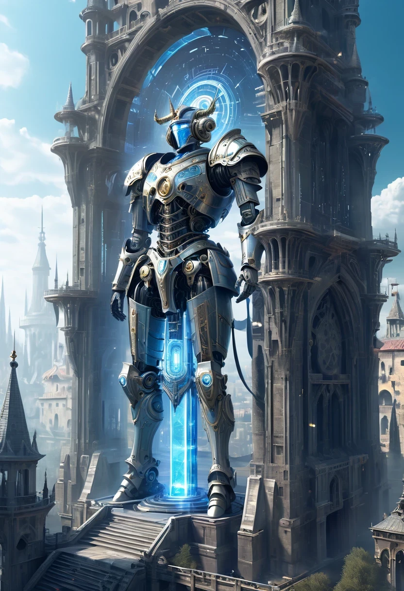 Translucent ethereal mechanical warrior,Spectacular high-tech space landscape,The integration of future technology and medieval cities,Medieval ancient palace,Medieval ancient bell tower,medieval antiquity,Translucent ethereal mechanical warrior,Model shooting style, (Extremely detailed CG unified 8k wallpaper), The beauty of abstract style,,surreal, 8k, Super details, best quality, Award-winning, anatomically correct, 16k, Super details,sparkling neon lights,cosmic energy field,