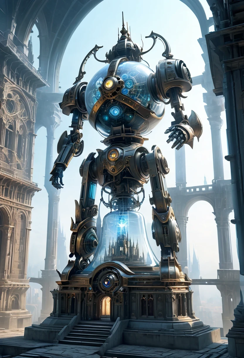 Translucent ethereal mechanical warrior，Spectacular high-tech space landscape,The integration of future technology and medieval cities,Medieval ancient palace,Medieval ancient bell tower,medieval antiquity,Translucent ethereal mechanical warrior，Model shooting style, (Extremely detailed CG unified 8k wallpaper), The beauty of abstract style,，surreal, 8k, Super details, best quality, Award-winning, anatomically correct, 16k, Super details,sparkling neon lights,cosmic energy field,