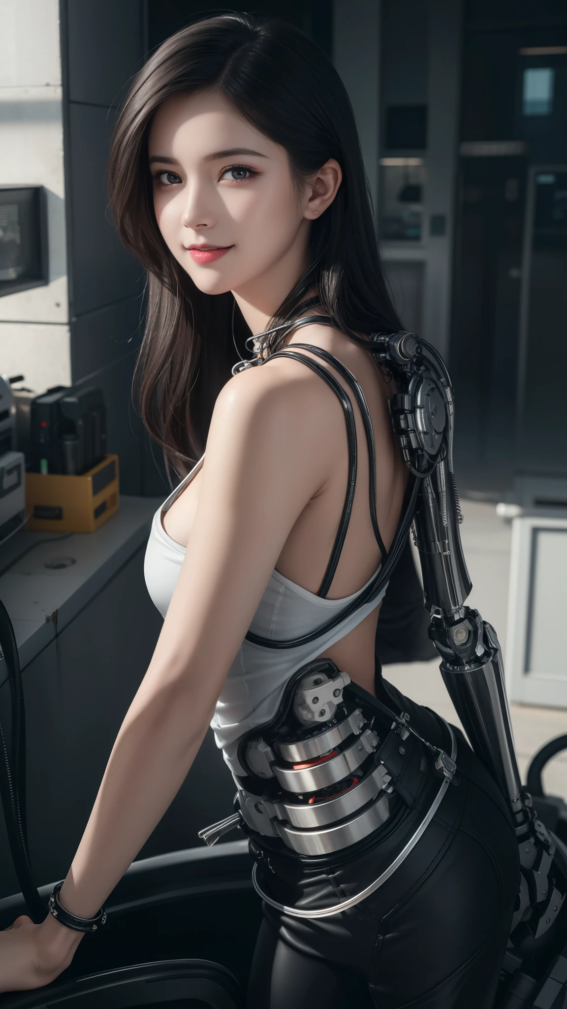 of the highest quality, masutepiece, Ultra High Resolution, (Photorealistic: 1.4), Raw photo, 1 Cyberpunk Girl, Black hair, Glossy skin, 1 Mechanical Girl, (super realistic details)), Full body, Global Illumination, Contrasty, shadowy, Octane Rendering, 8K, ultrasharp, Cleavage exposed, Raw skin, Metal, Intricate decoration details, Japan details, high intricate detailed, Realistic light, Trends in CG, Facing the camera, neon details, Mechanical limbs, blood vessels connected to tubes, Mechanical vertebrae attached to the back, Mechanical cervical attachment to the neck, Wires and cables connecting to the head, Gundam, Small LED lamps.************ girl、silber hair、Perfectly round pupils、Tremendous irisﾃﾞｨﾃｰﾙ, light smile, sexy pose