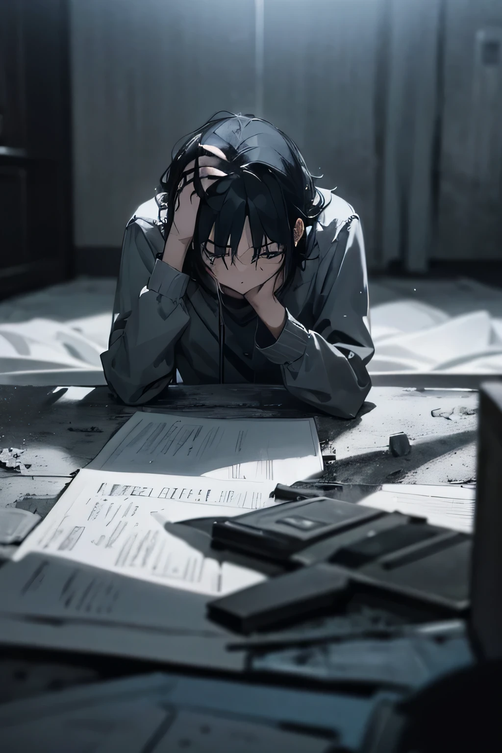 homem, muito triste, Chateado, hand on head, he is alone in a room, escuro em toda a sala tem cores cinza, Blurry scenario, cena em detalhes, 3D, 4k.